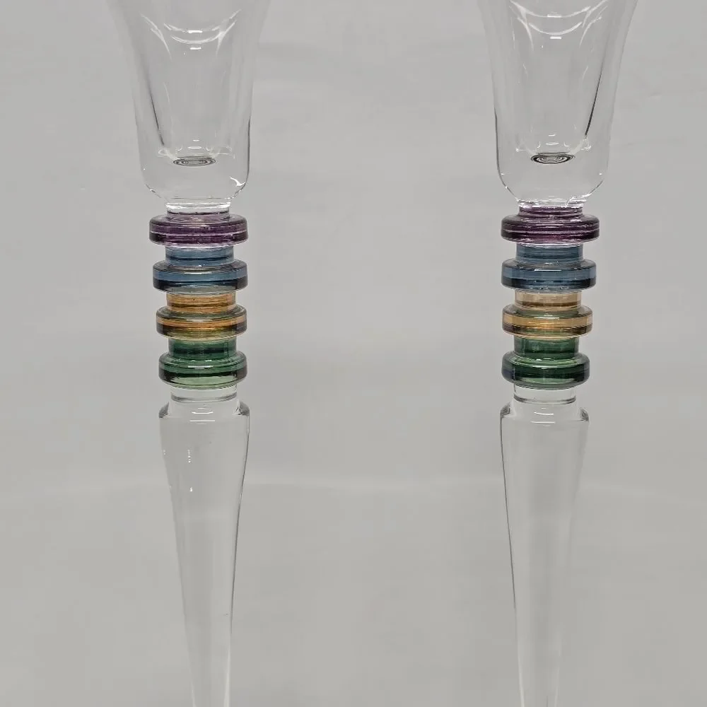 Vintage 90s Block Carnival Crystal Candlestick Holder Set Of 2 Poland 12